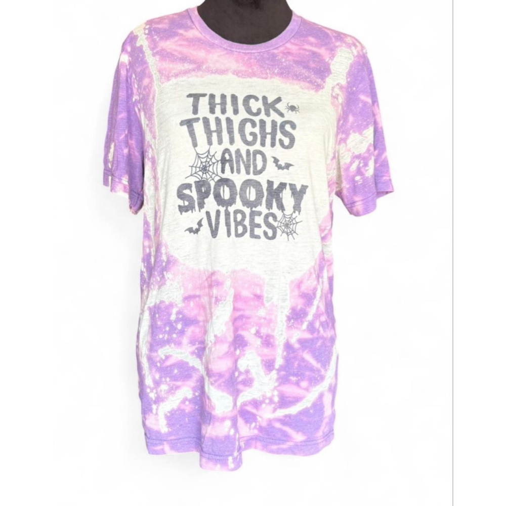 Thick Thighs & Spooky Vibes Halloween Tee | Bleach Tie Dye Purple | L